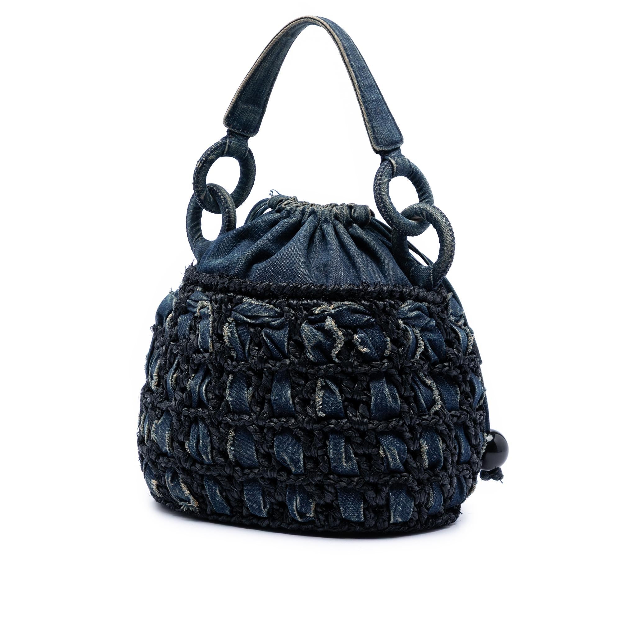 Chanel CC Woven Denim and Raffia Drawstring Bucket Bag
