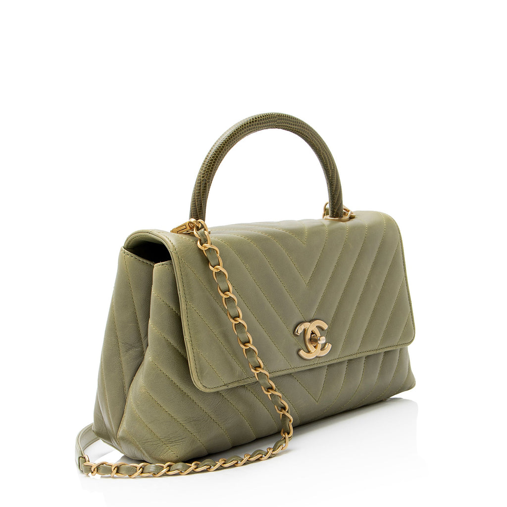 Chanel Chevron Aged Calfskin Lizard Coco Small Top Handle
