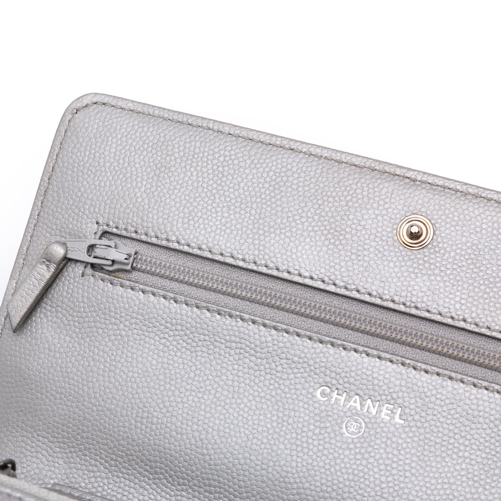 Chanel Chevron Metallic Caviar Boy Wallet On Chain