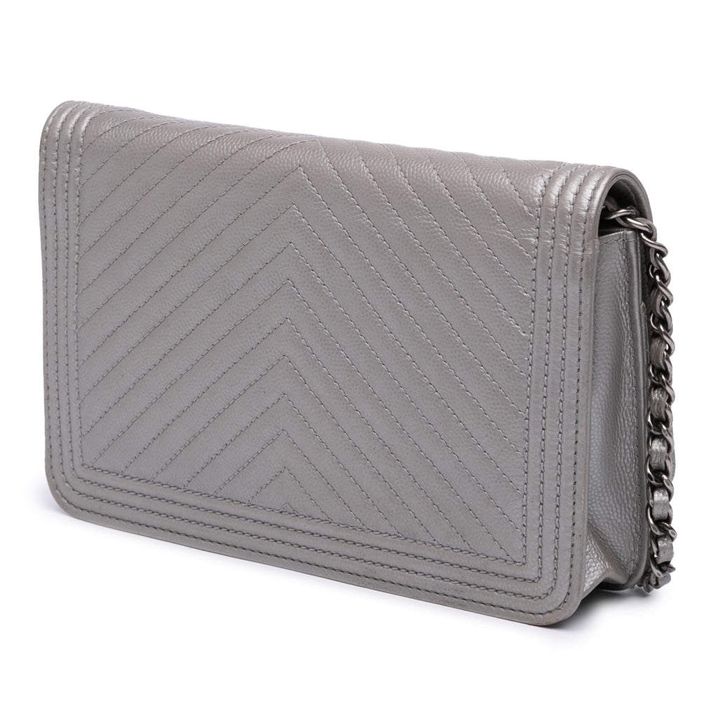 Chanel Chevron Metallic Caviar Boy Wallet On Chain