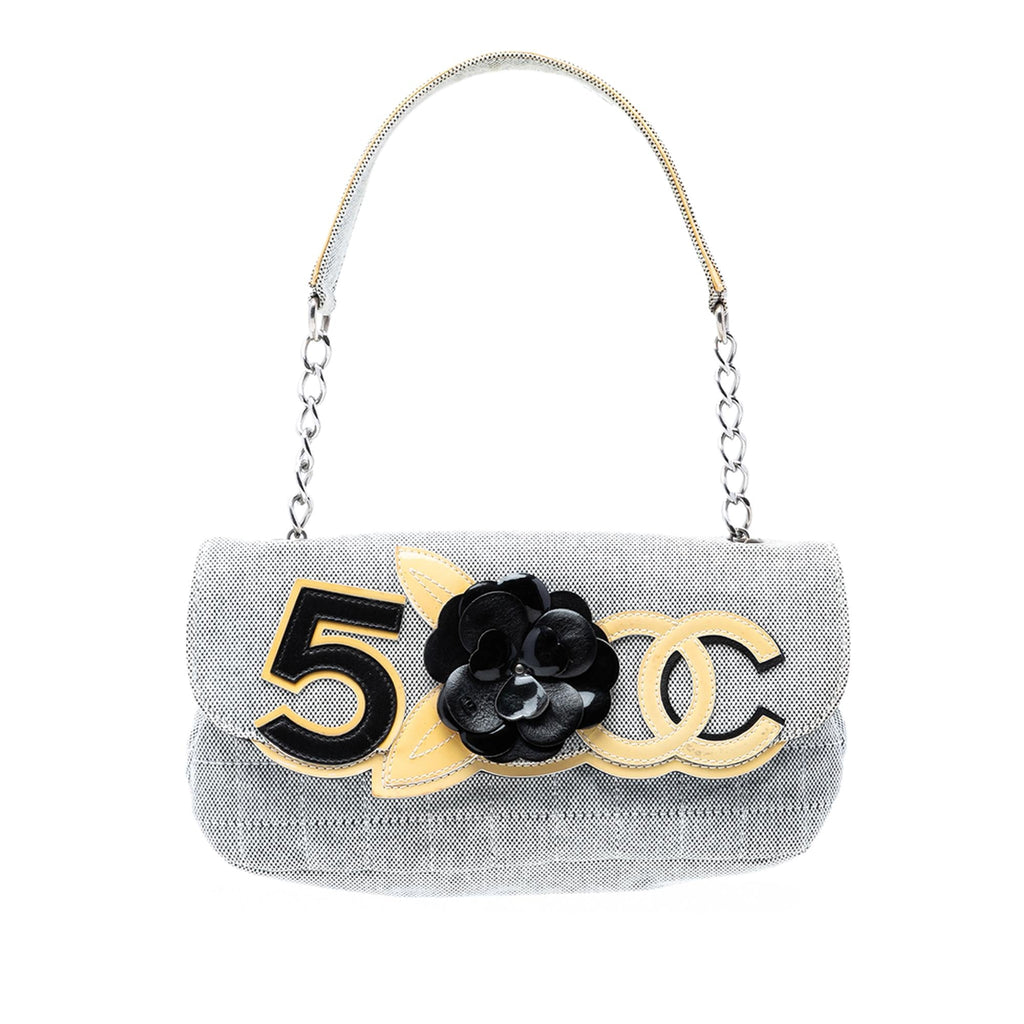 Chanel Choco Bar Canvas Camellia CC No. 5 Flap Handbag