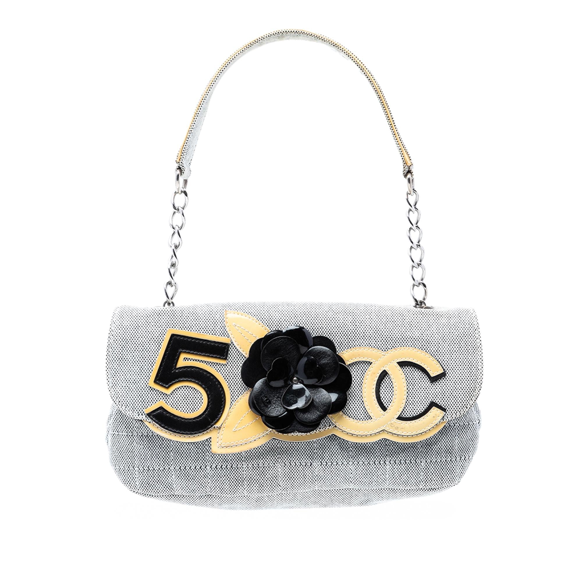 Chanel Choco Bar Canvas Camellia CC No. 5 Flap Handbag