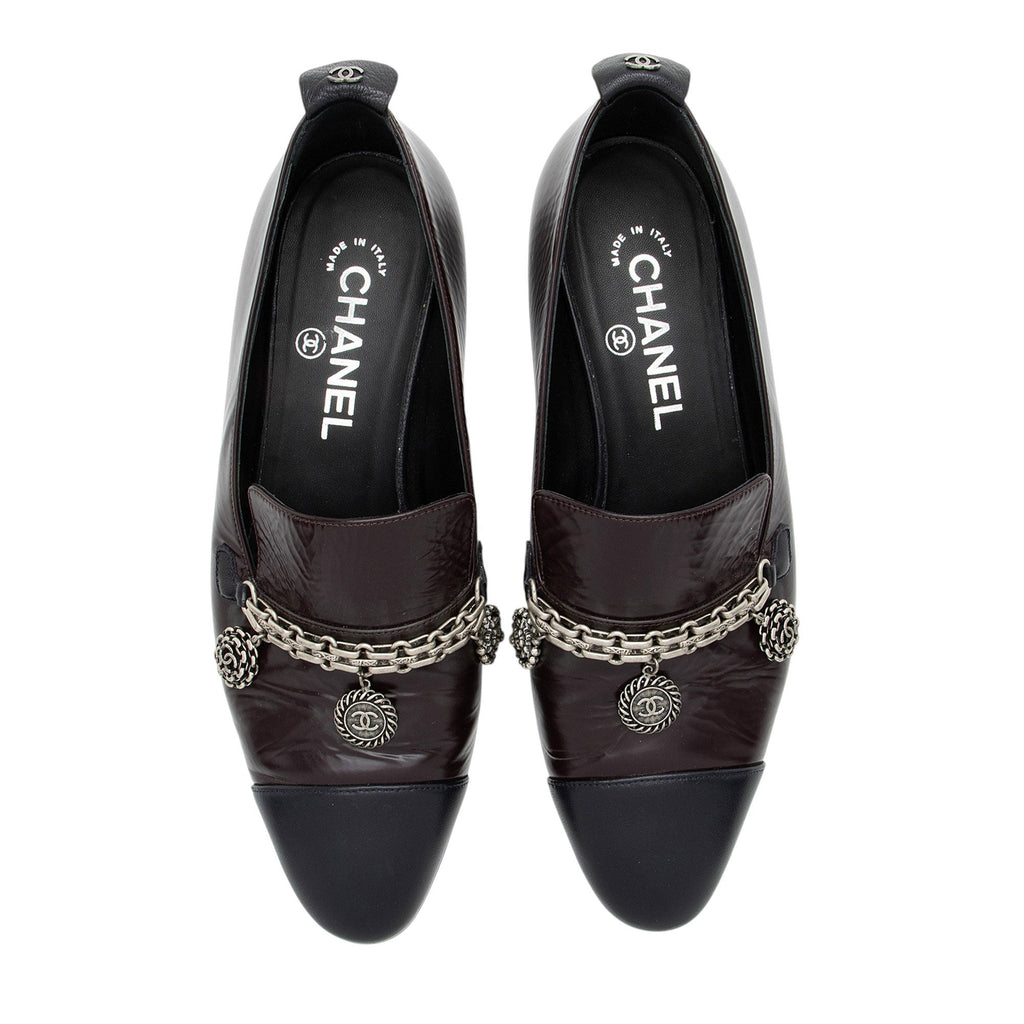 Chanel Crackled Goatskin CC Charm Cap Toe Loafers - Size 7.5 / 37.5