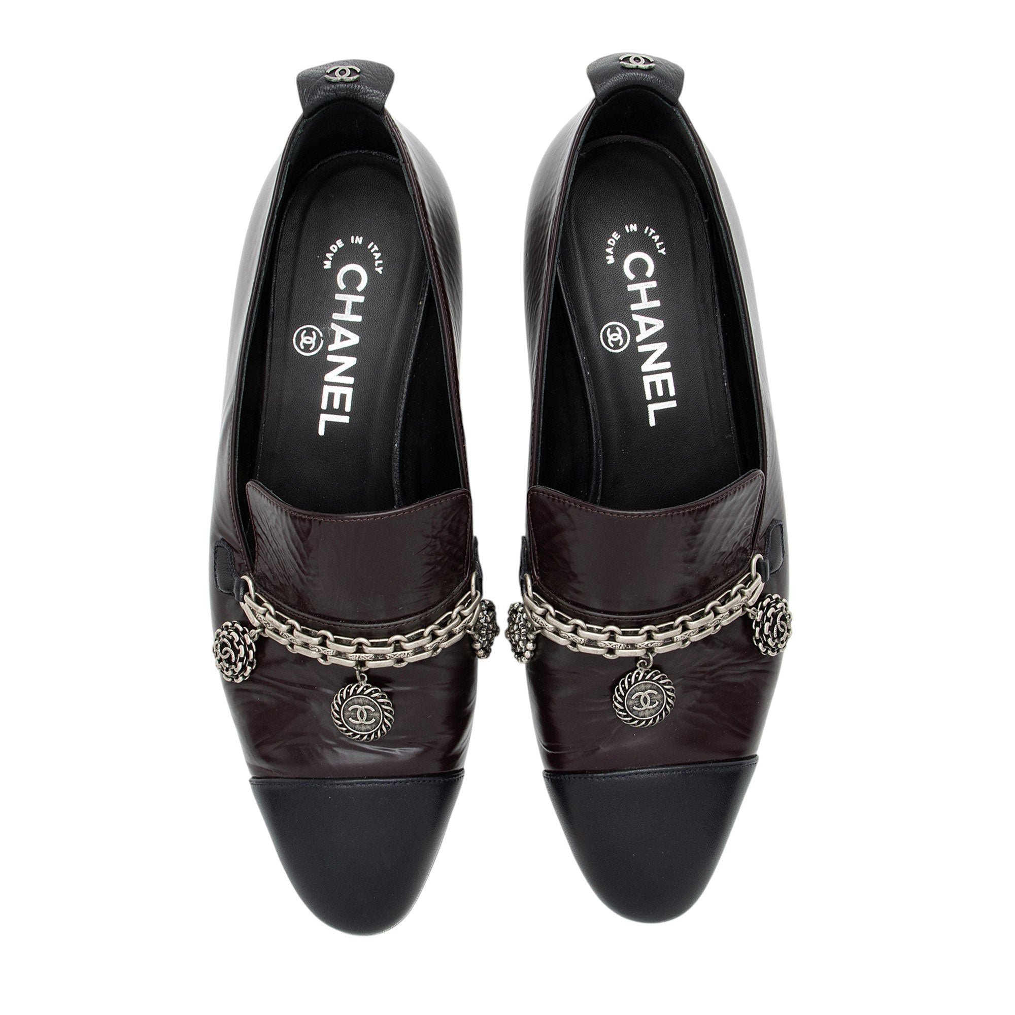 Chanel Crackled Goatskin CC Charm Cap Toe Loafers - Size 7.5 / 37.5