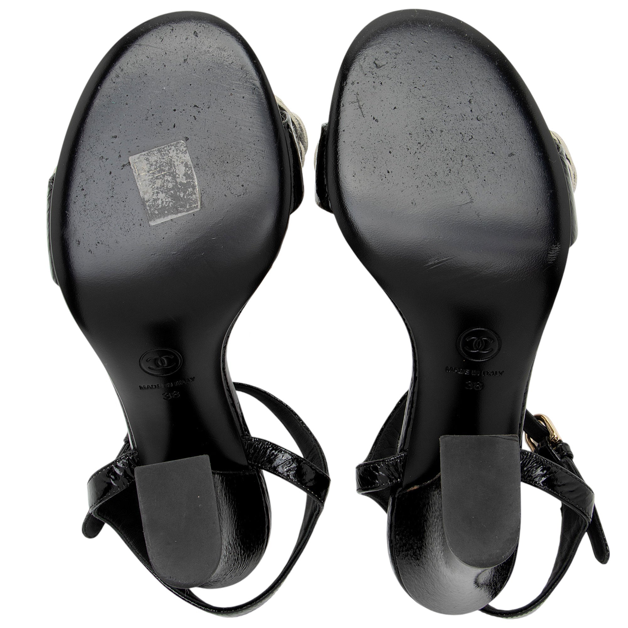 Chanel Crinkled Patent Leather Camellia Sandals - Size 8 / 38