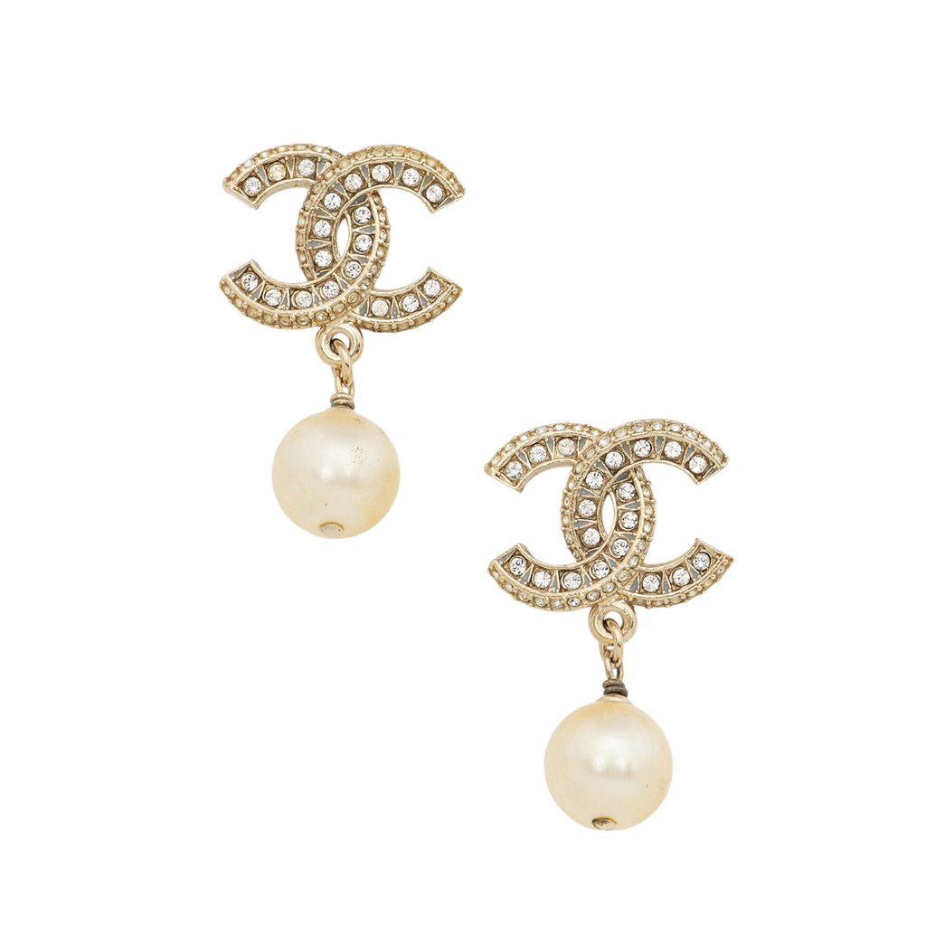 Chanel Crystal CC Pearl Drop Earrings
