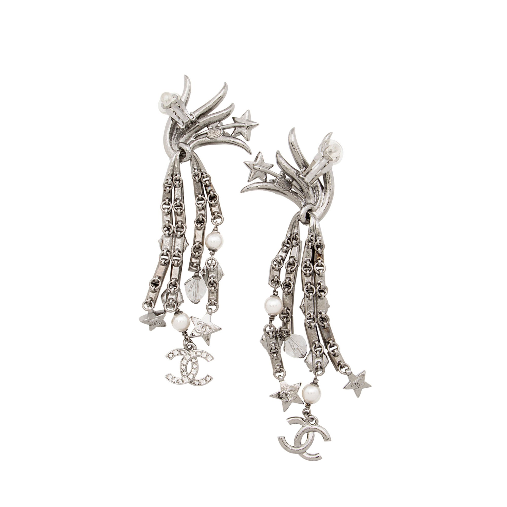 Chanel Crystal Faux Pearl CC Star Drop Clip On Earrings