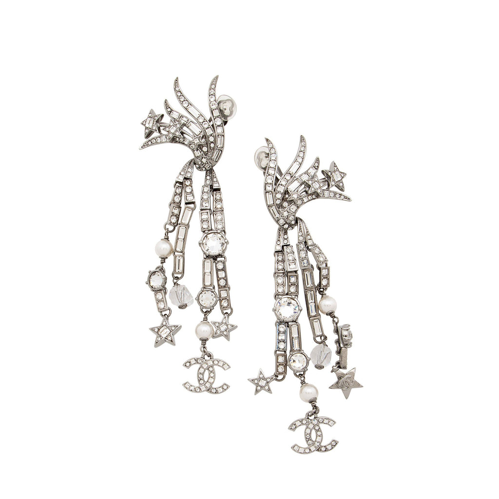 Chanel Crystal Faux Pearl CC Star Drop Clip On Earrings