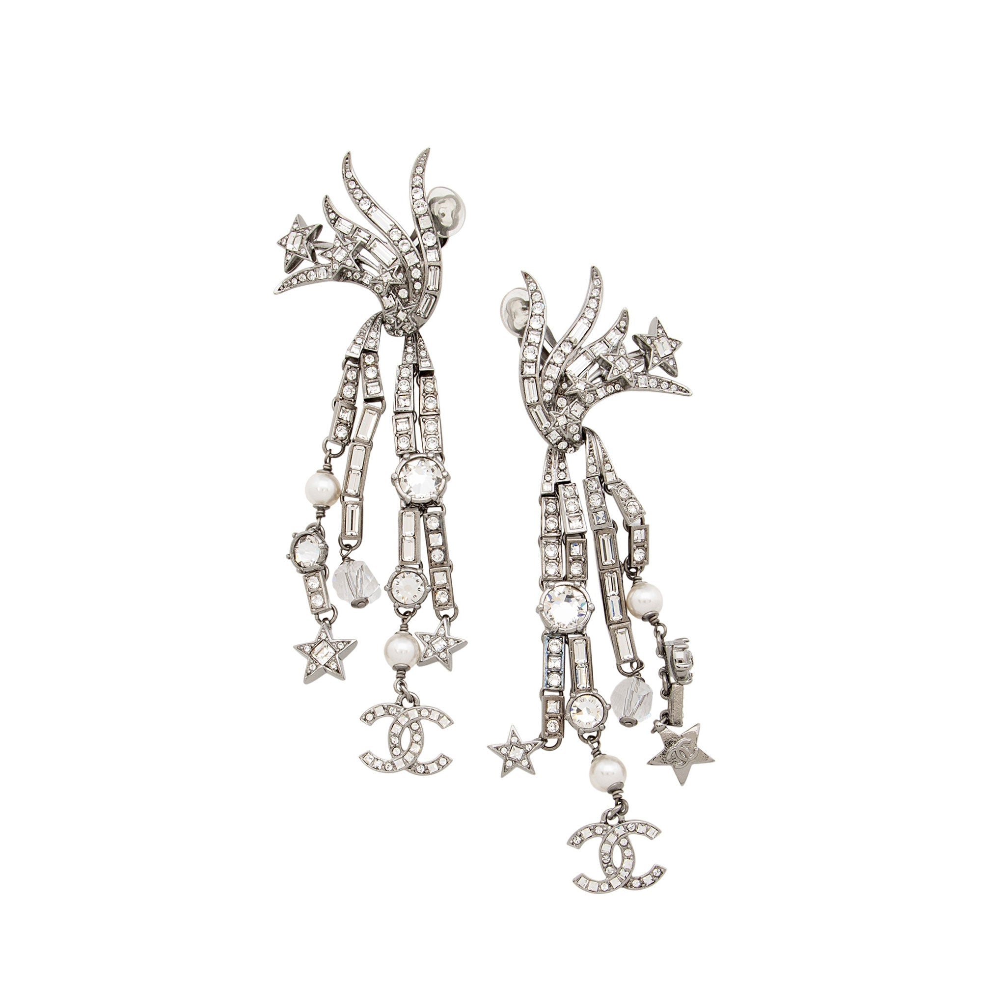 Chanel Crystal Faux Pearl CC Star Drop Clip On Earrings