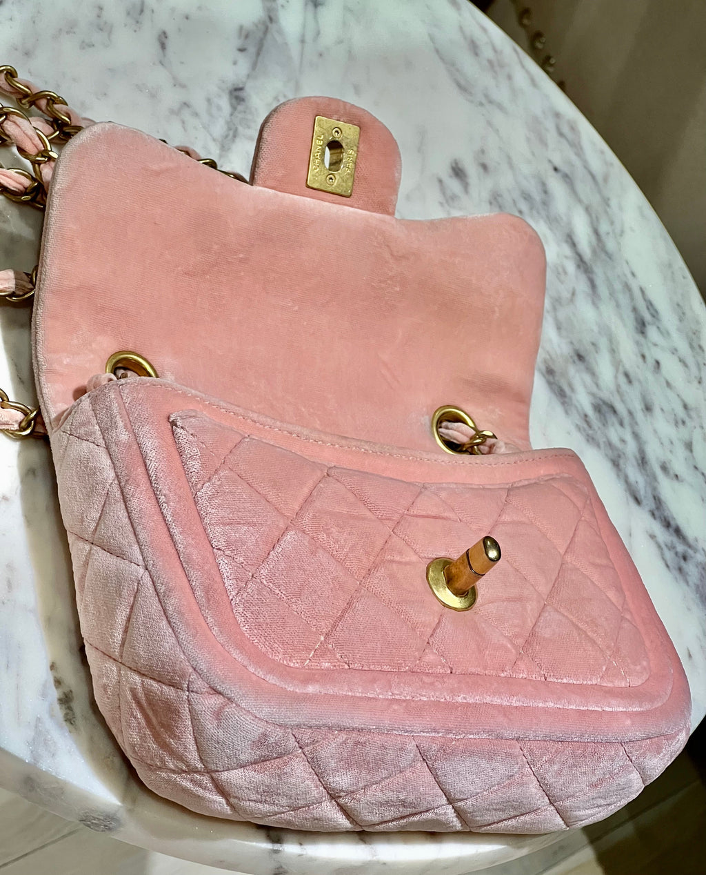 CHANEL QUILTED VELVET DOUBLE FRAME MINI FLAP BAG