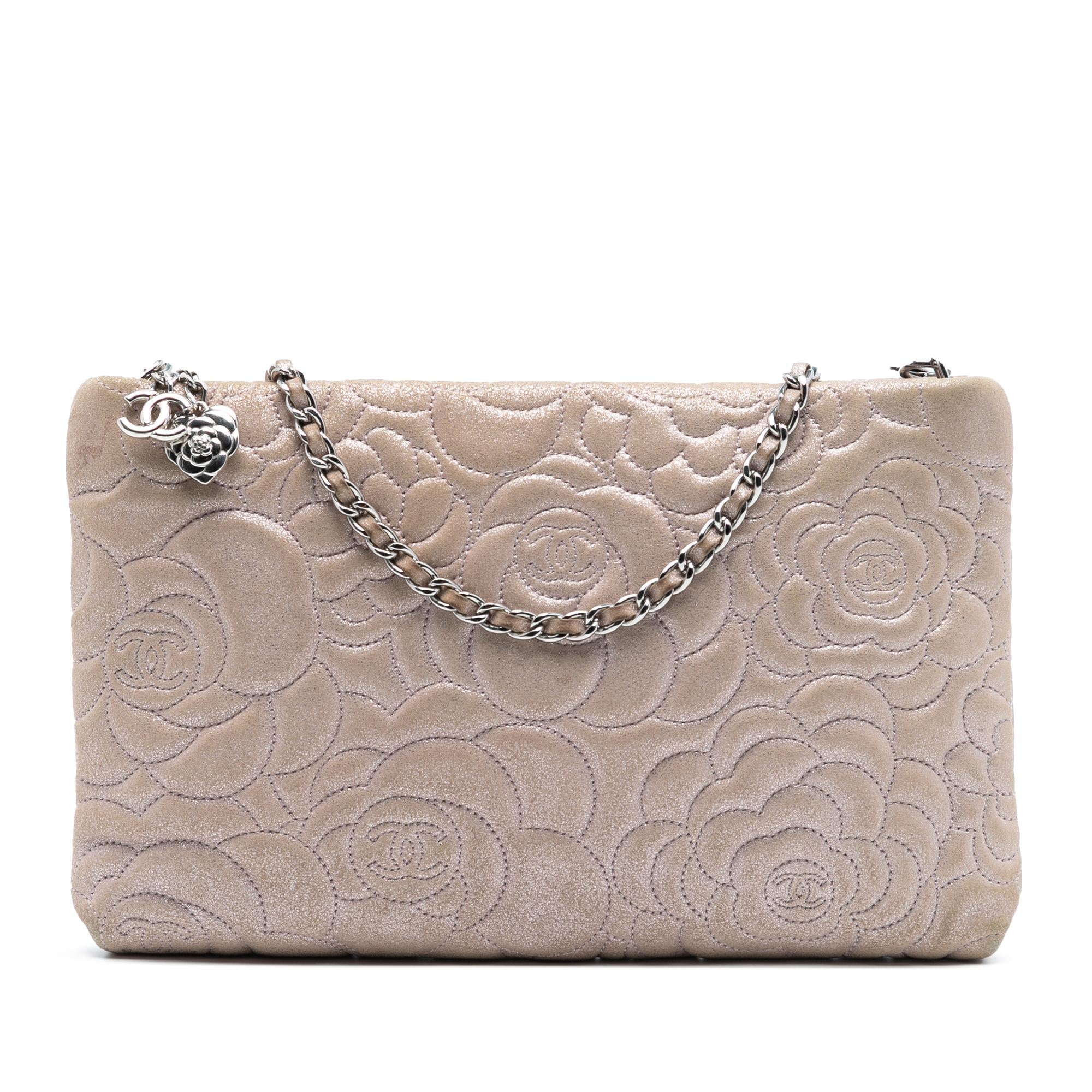 Chanel Embossed Metallic Lambskin Camellia Chain Pochette