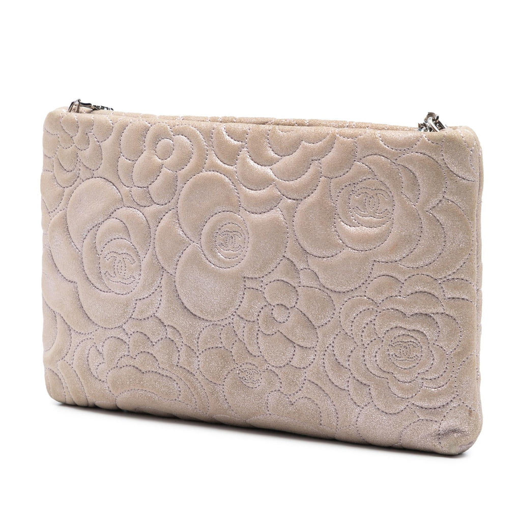 Chanel Embossed Metallic Lambskin Camellia Chain Pochette