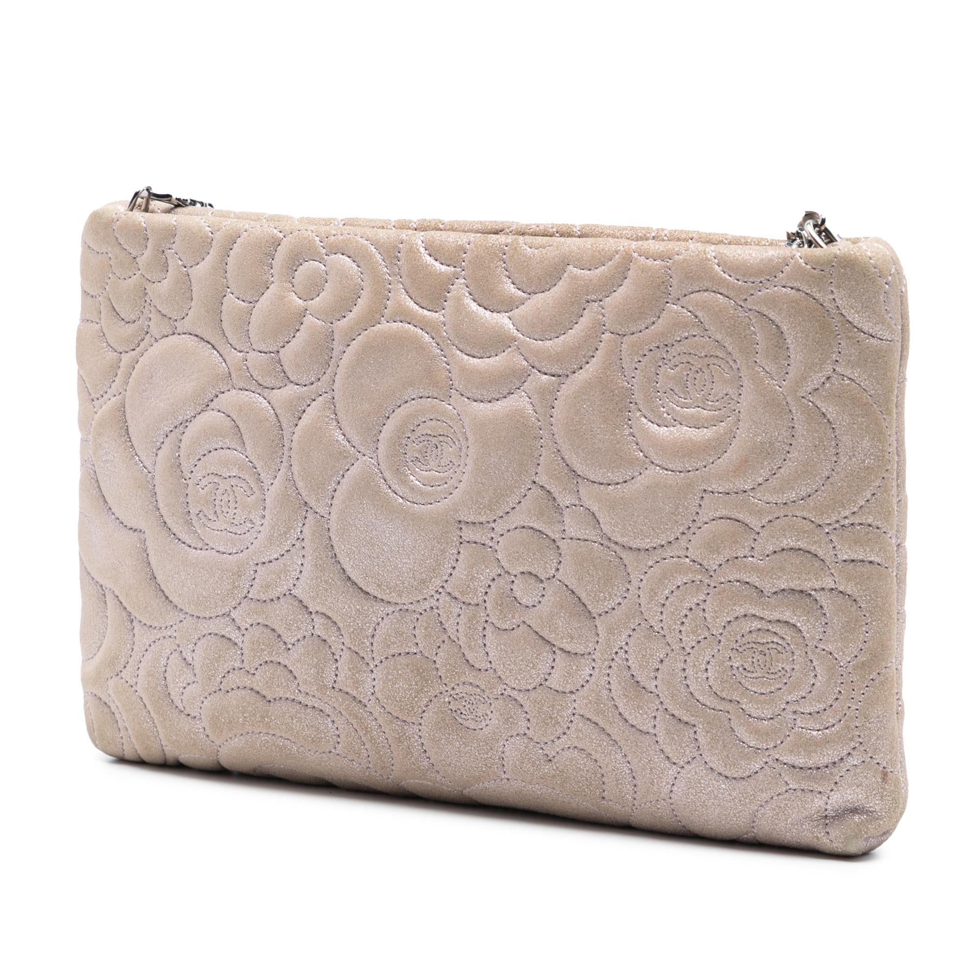 Chanel Embossed Metallic Lambskin Camellia Chain Pochette