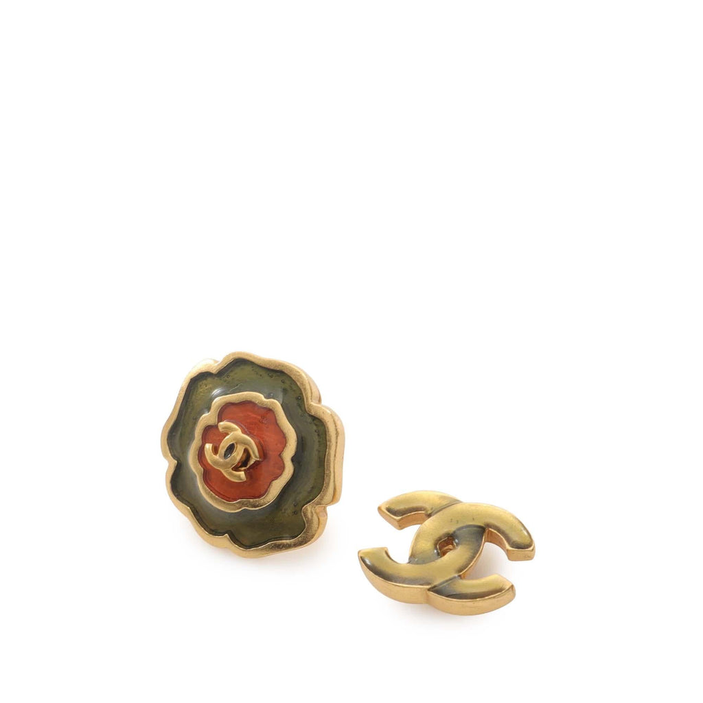 Chanel Enamel Camellia CC Stud Push Back Earrings