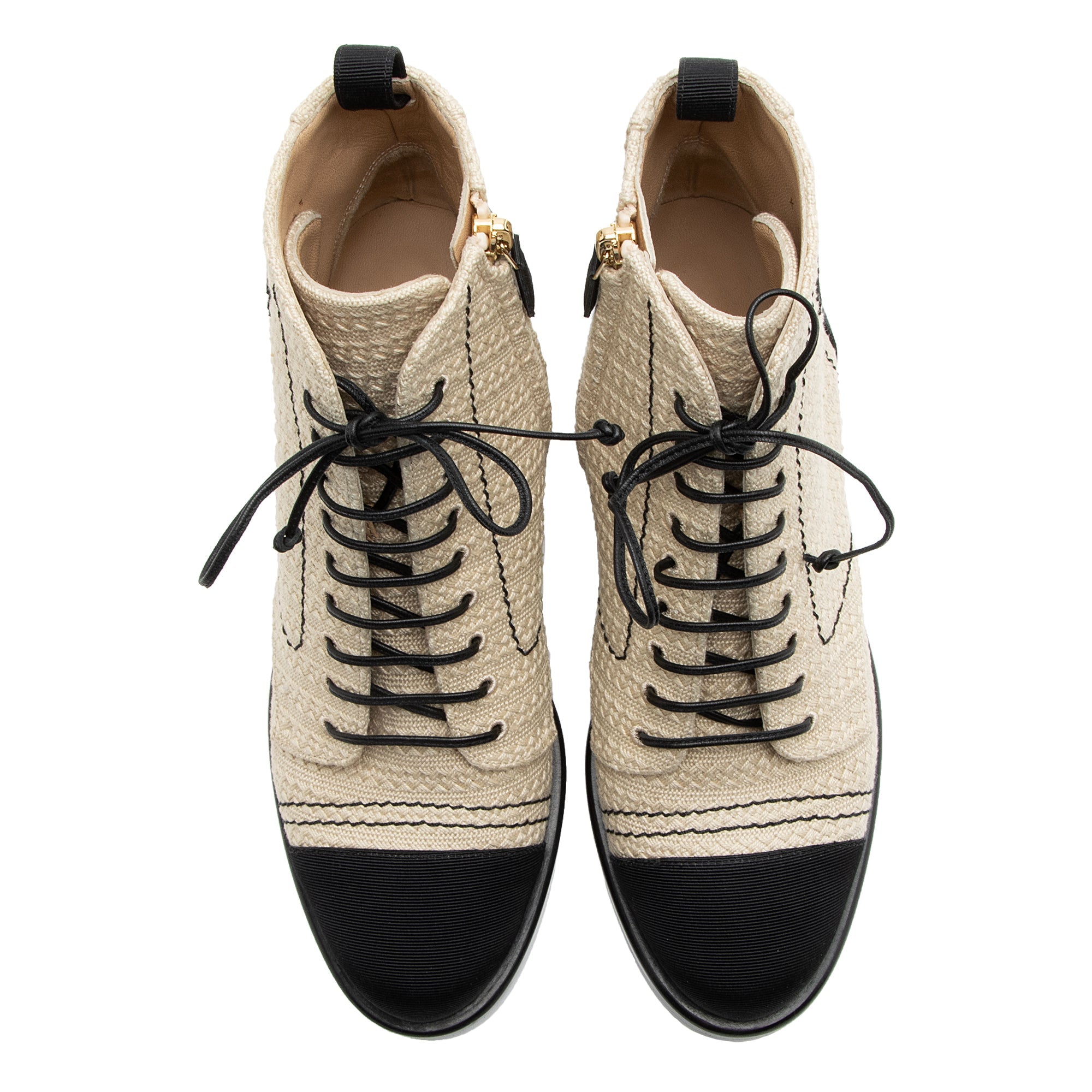 Chanel Fabric Grosgrain CC Lace Up Ankle Boots - Size 7.5 / 37.5 (SHF-23346)