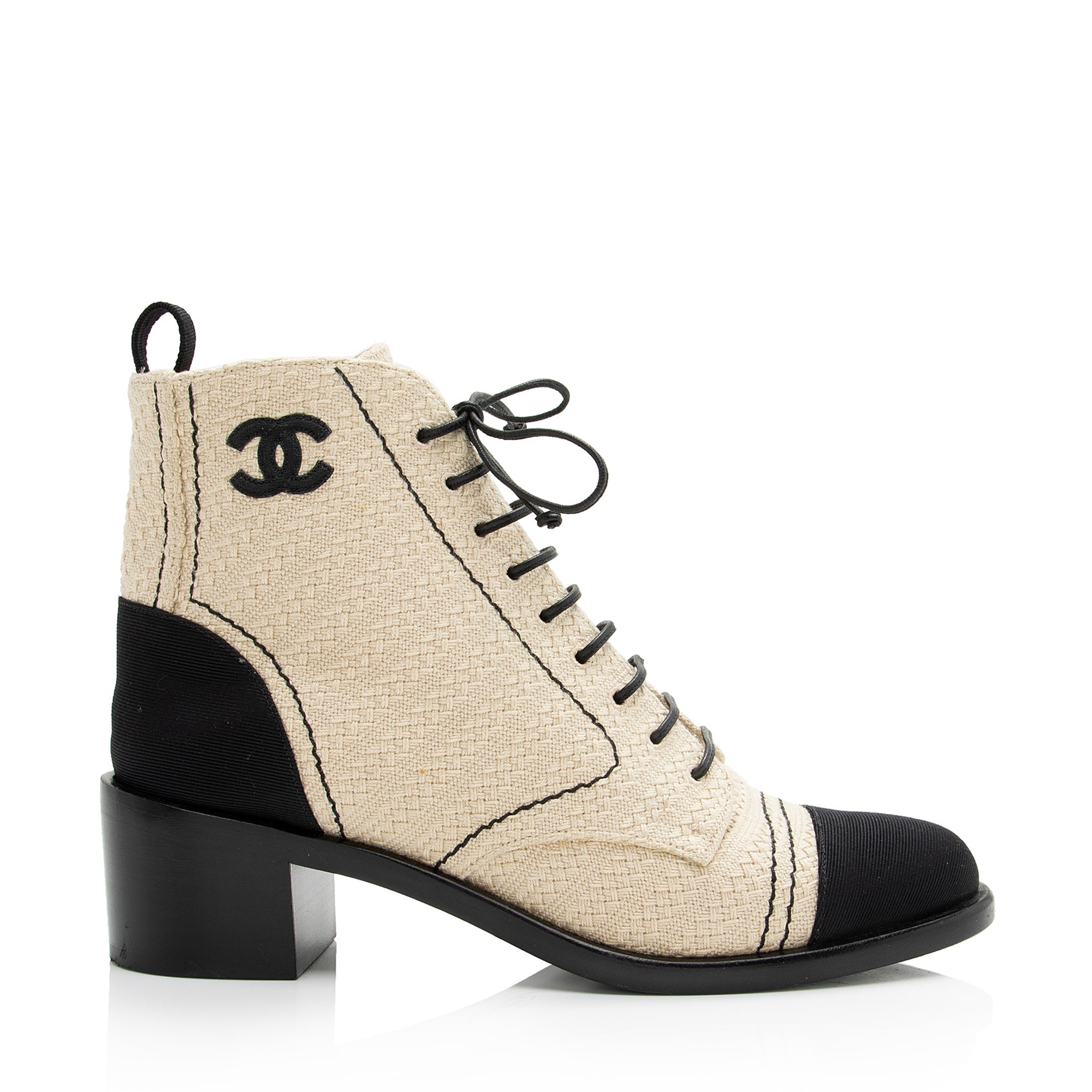 Chanel Fabric Grosgrain CC Lace Up Ankle Boots - Size 7.5 / 37.5 (SHF-23346)