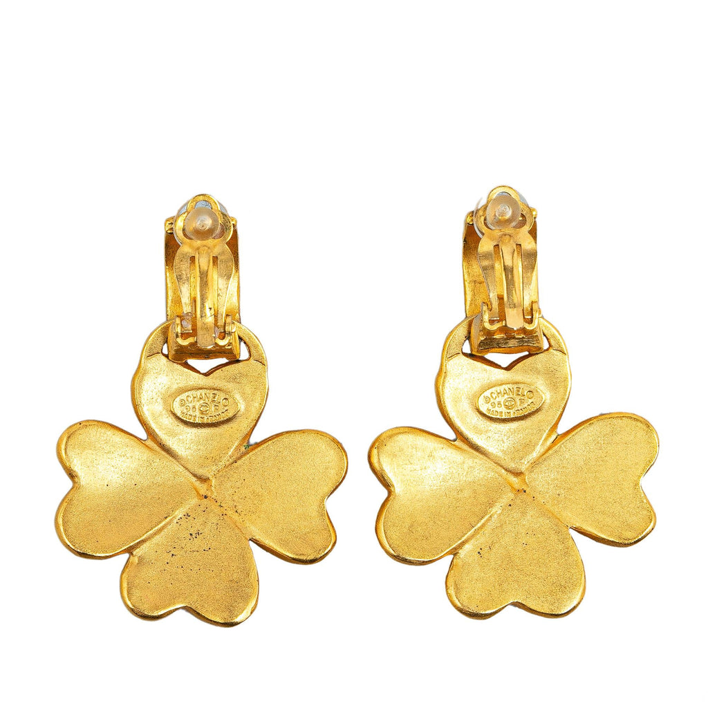 Chanel Gold Plated CC Clover Clip On Earrings