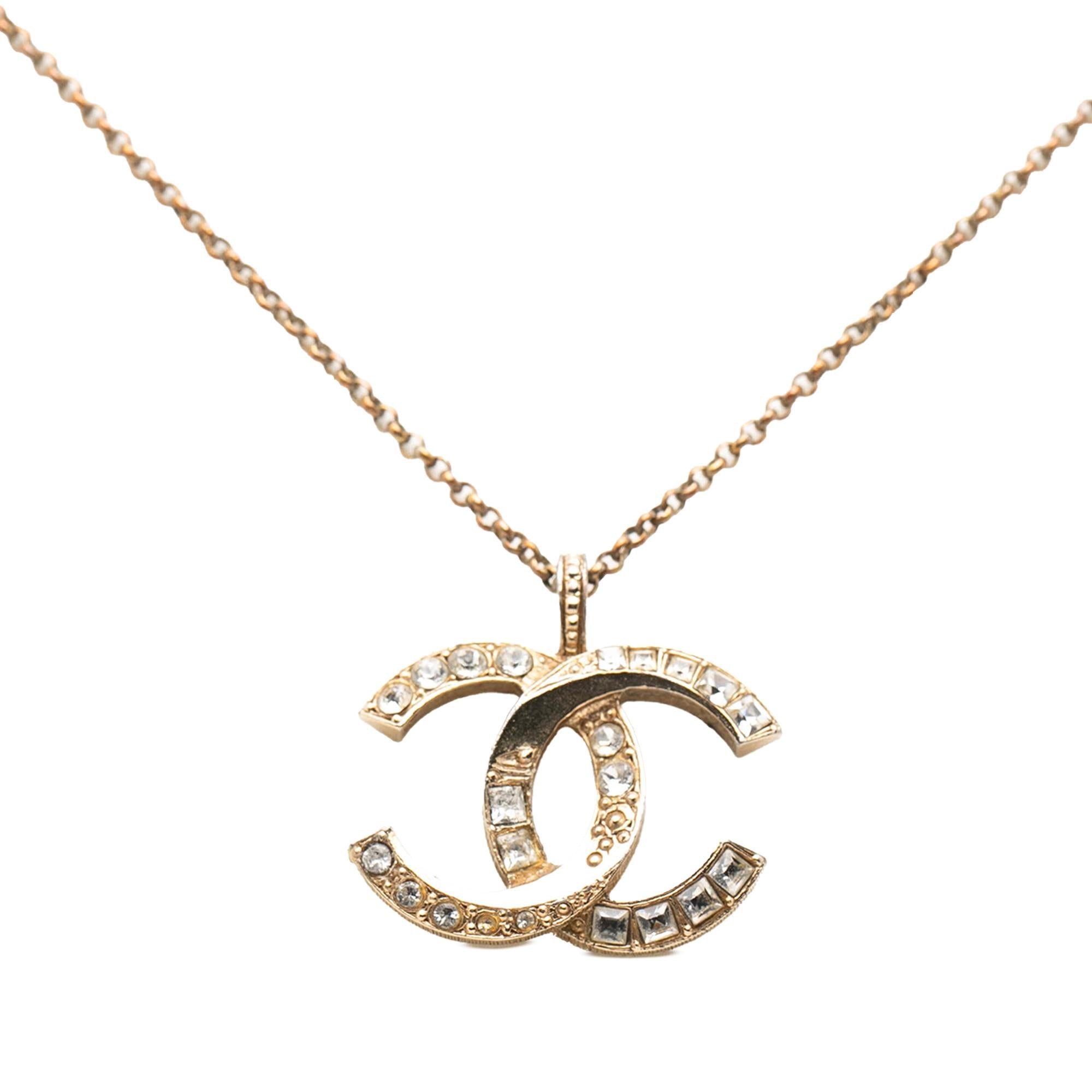 Chanel Gold Plated CC Crystal Pendant Necklace