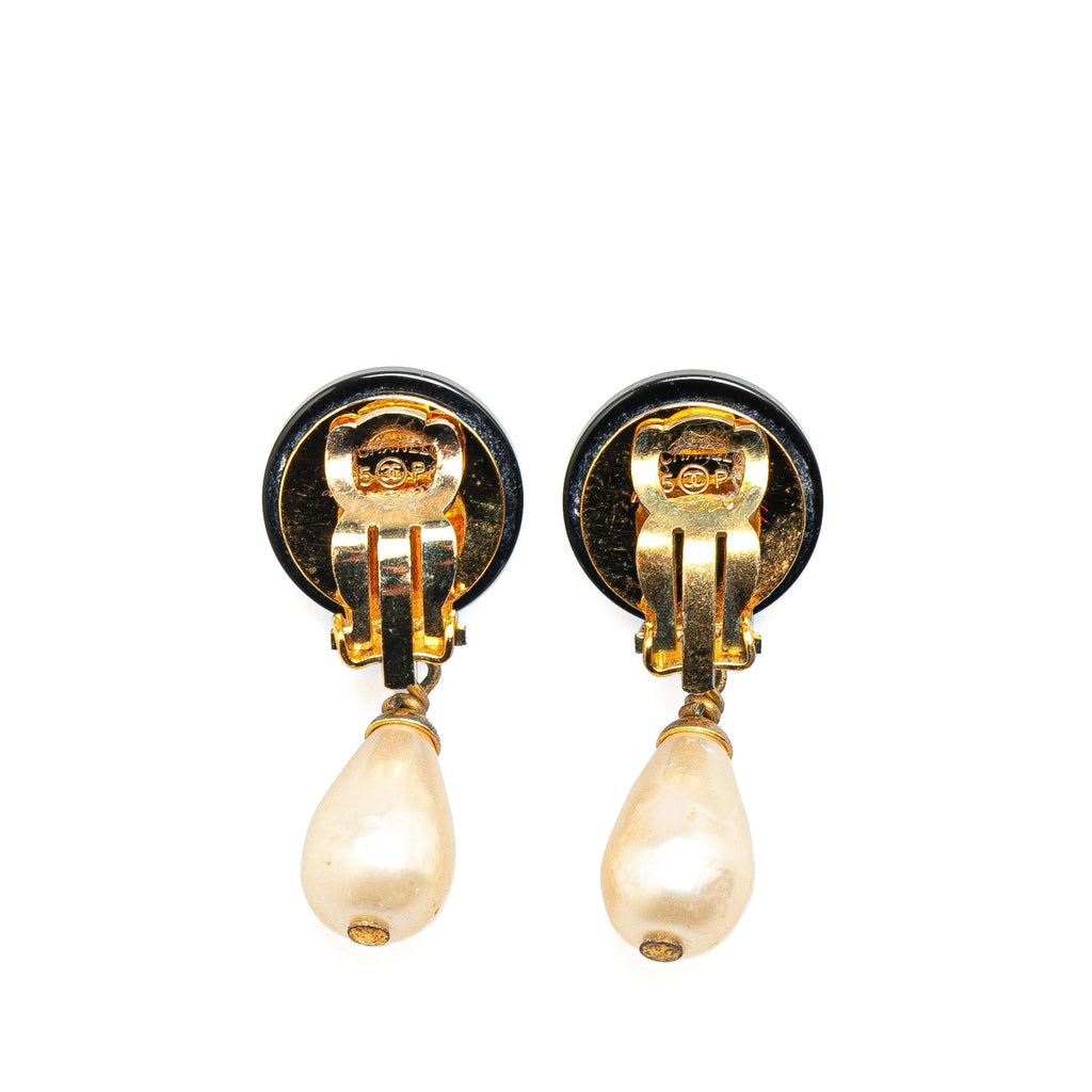 Chanel Gold Plated CC Faux Pearl Swing Clip On Earrings