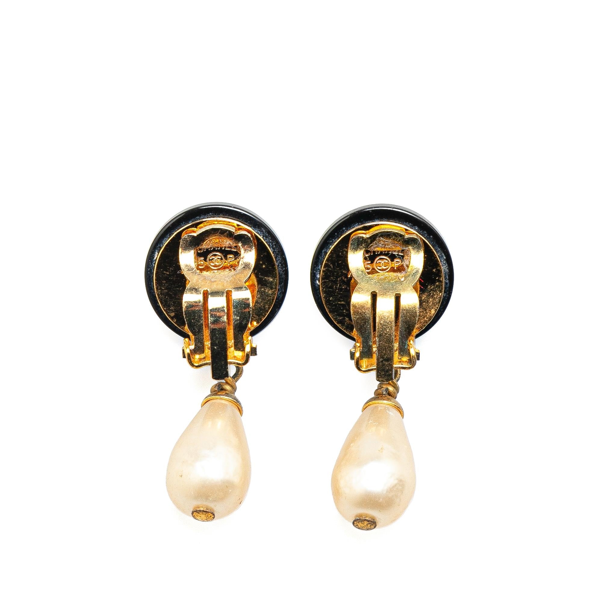 Chanel Gold Plated CC Faux Pearl Swing Clip On Earrings
