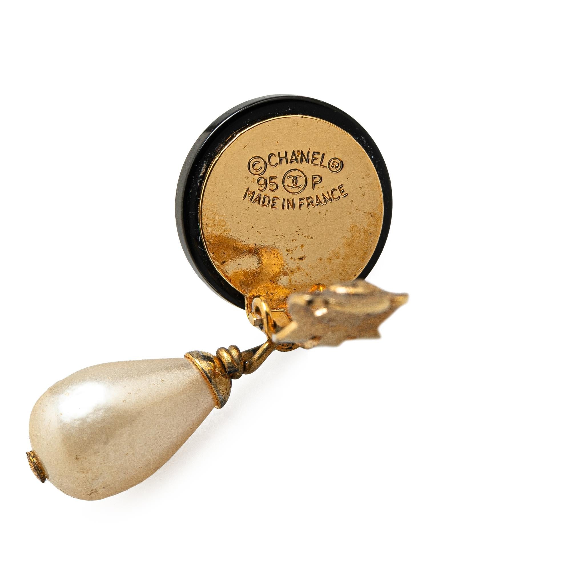 Chanel Gold Plated CC Faux Pearl Swing Clip On Earrings