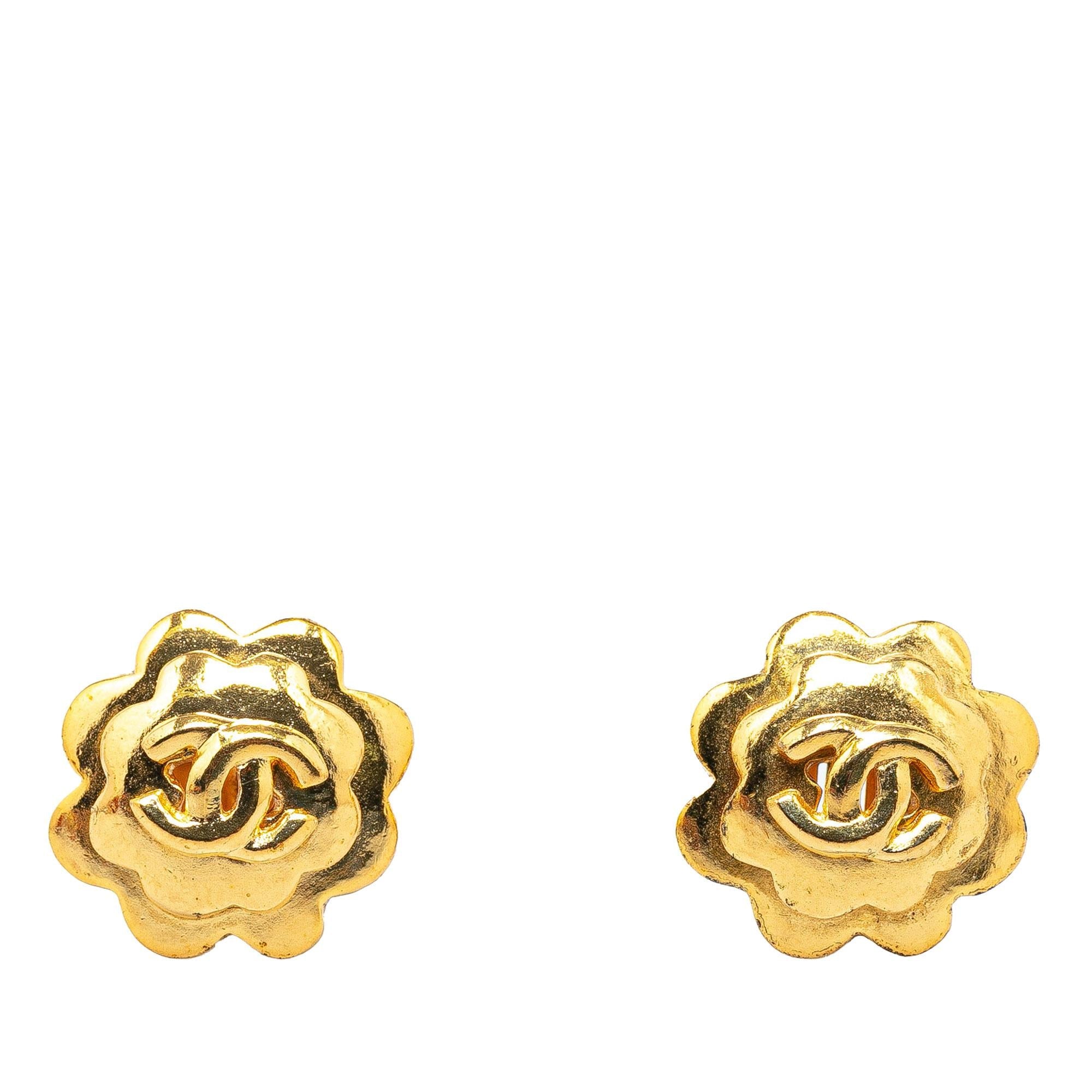Chanel Gold Plated CC Flower Clip On Earrings