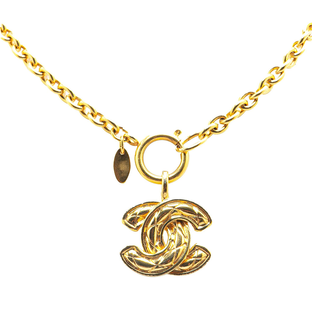 Chanel Gold Plated CC Quilted Pendant Necklace