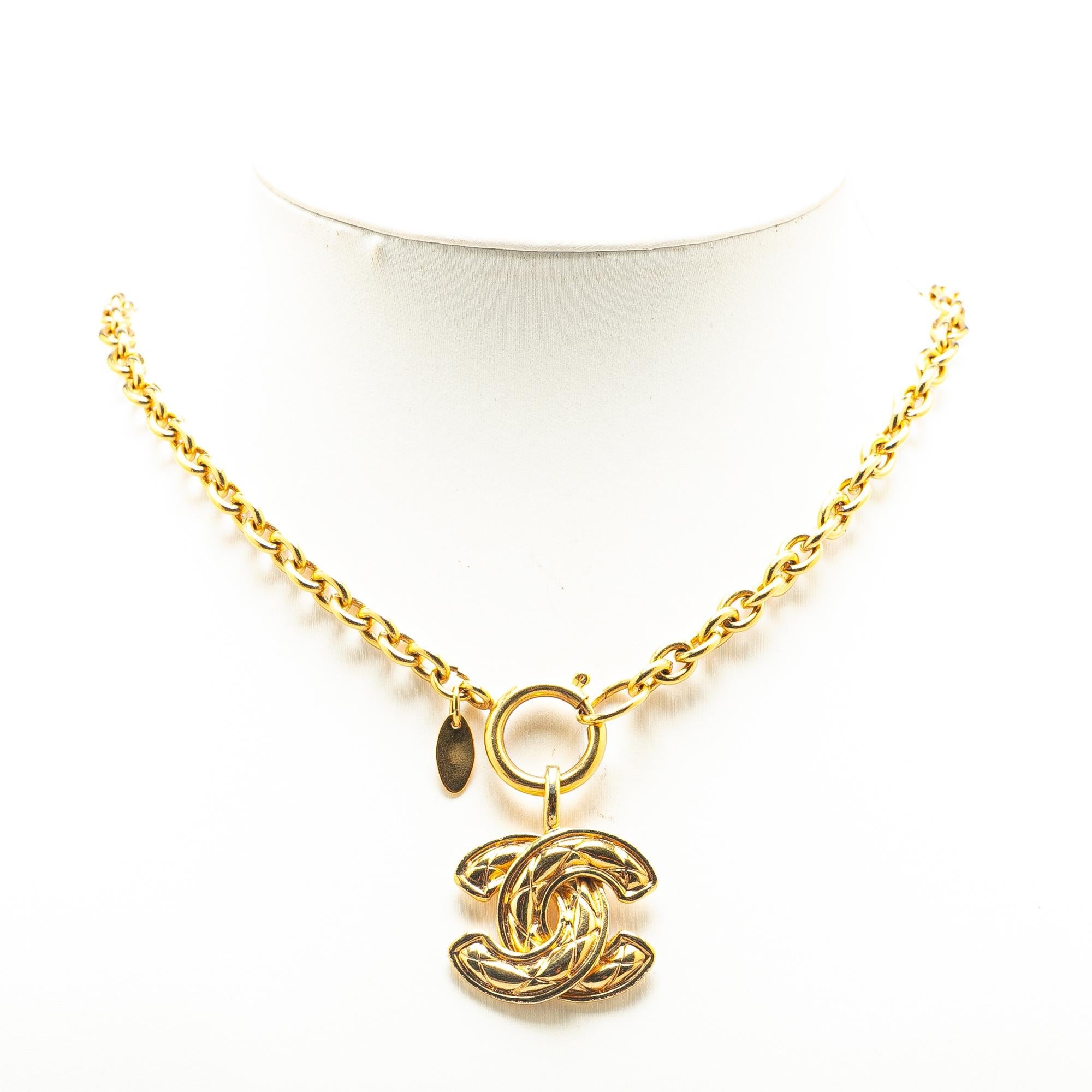 Chanel Gold Plated CC Quilted Pendant Necklace