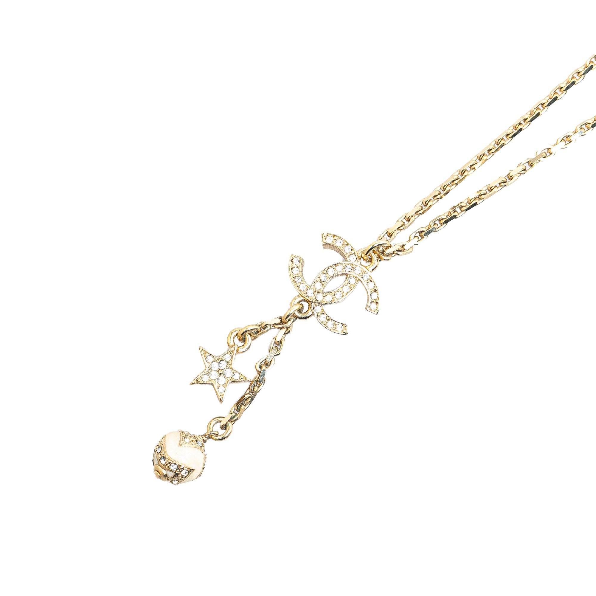 Chanel Gold Plated CC Rhinestones Star and Ball Pendant Necklace (SHG-RS0IWK)
