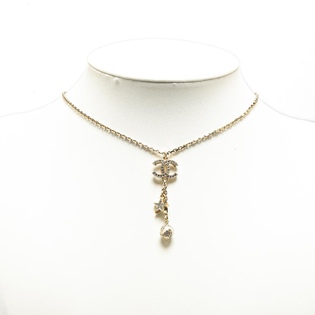 Chanel Gold Plated CC Rhinestones Star and Ball Pendant Necklace (SHG-RS0IWK)