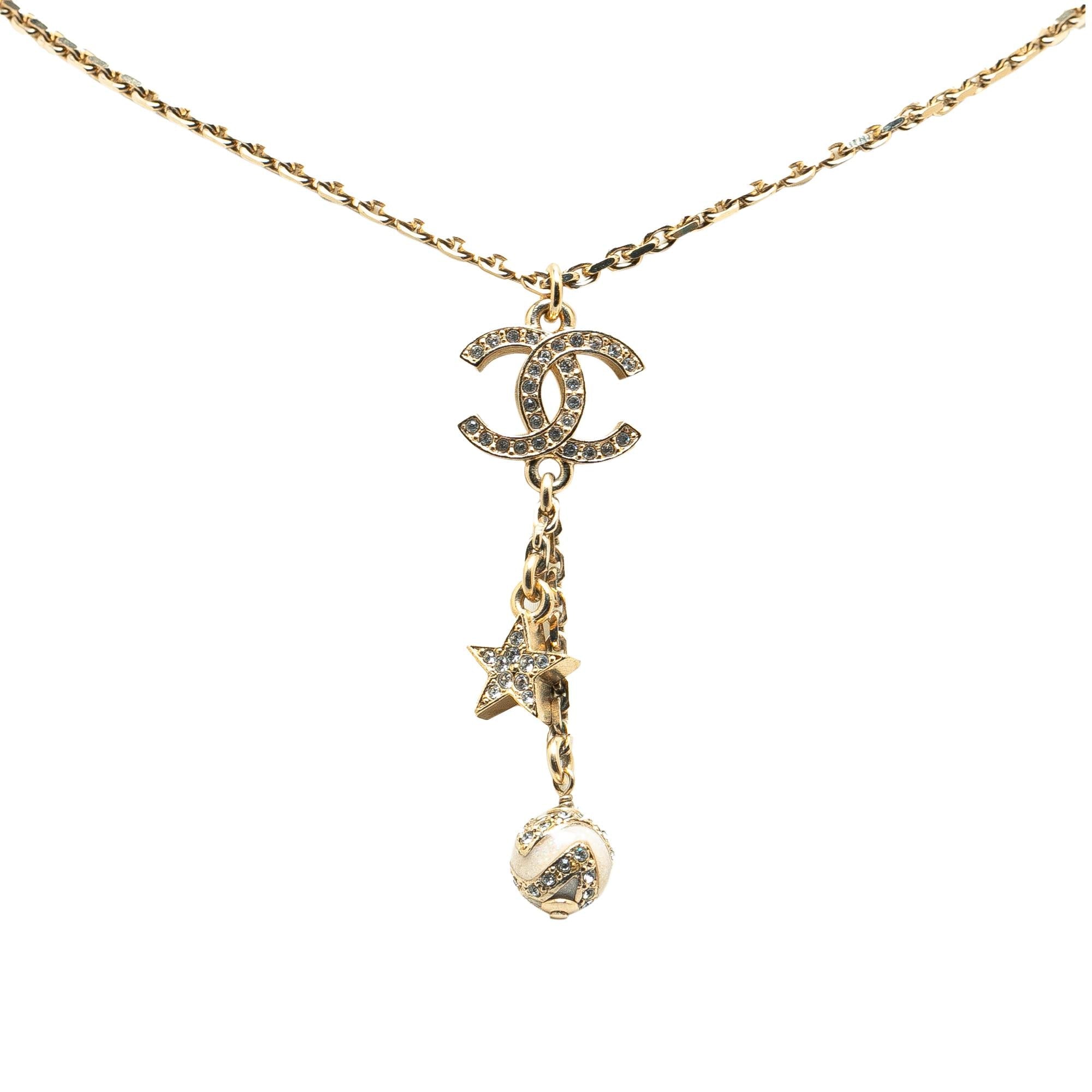 Chanel Gold Plated CC Rhinestones Star and Ball Pendant Necklace (SHG-RS0IWK)