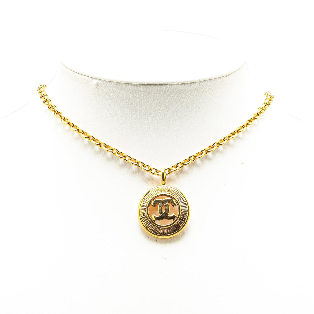 Chanel Gold Plated CC Round Pendant Necklace