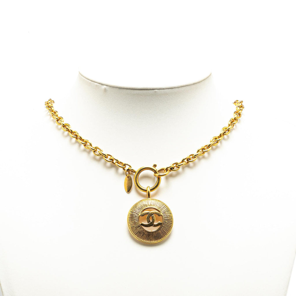 Chanel Gold Plated CC Round Pendant Necklace