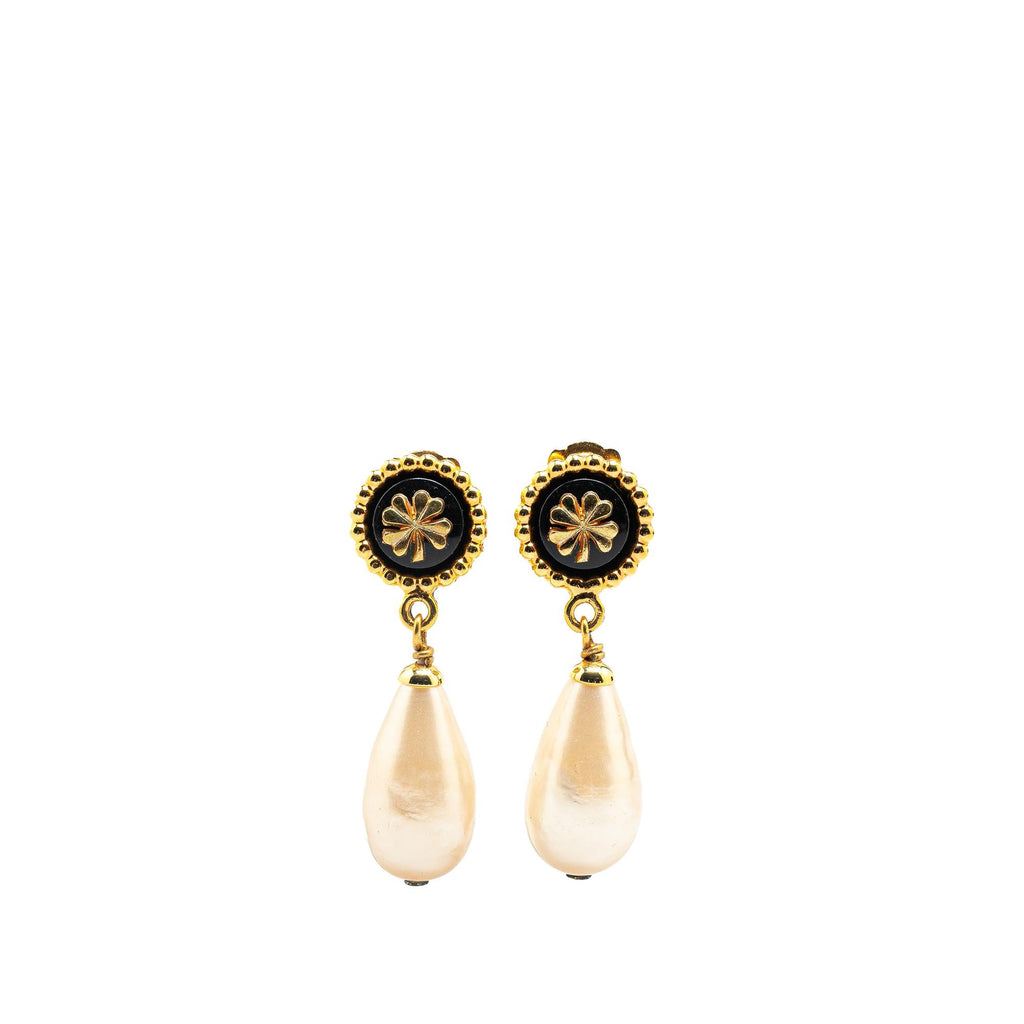 Chanel Gold Plated Clover Faux Pearl Drop Earrings