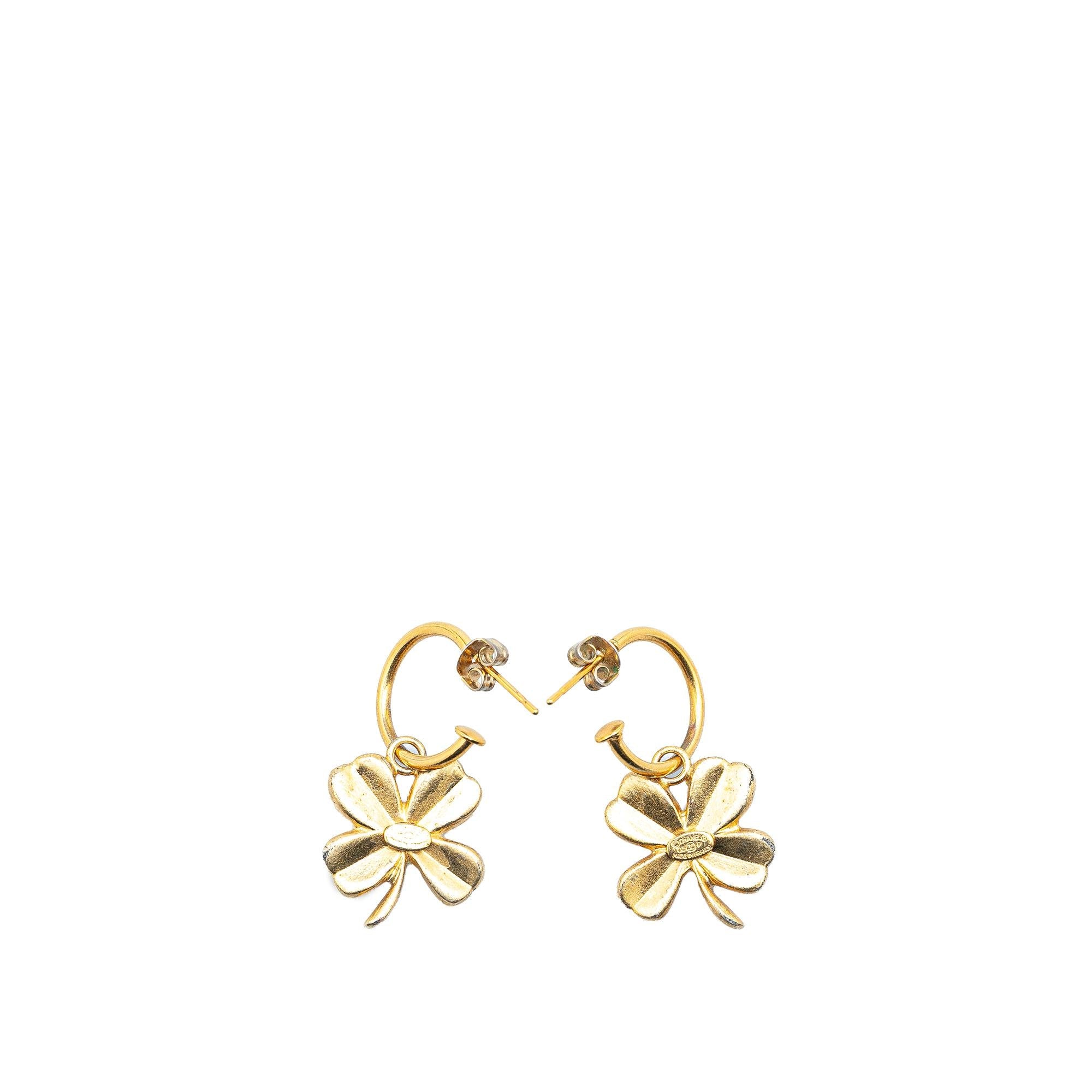 Chanel Gold Plated Clover Hoop Push Back Earrings