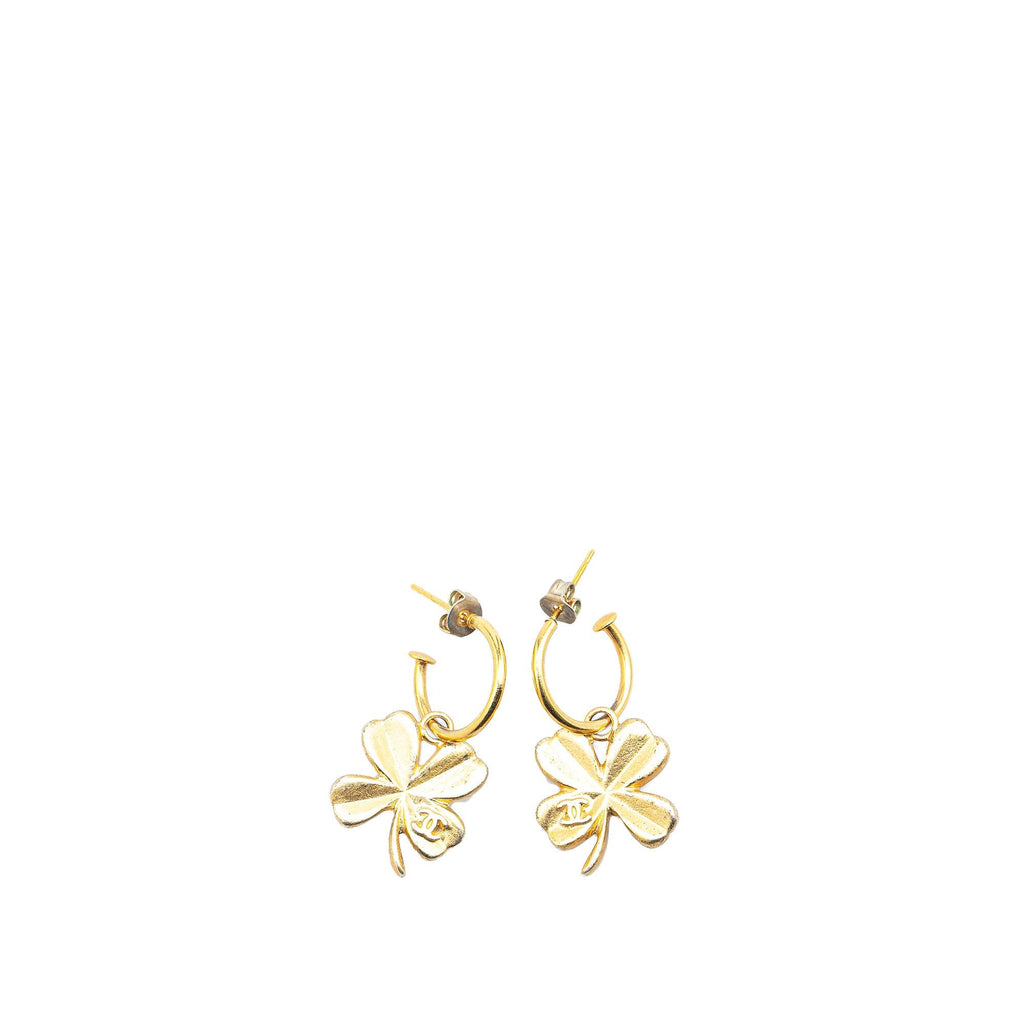 Chanel Gold Plated Clover Hoop Push Back Earrings