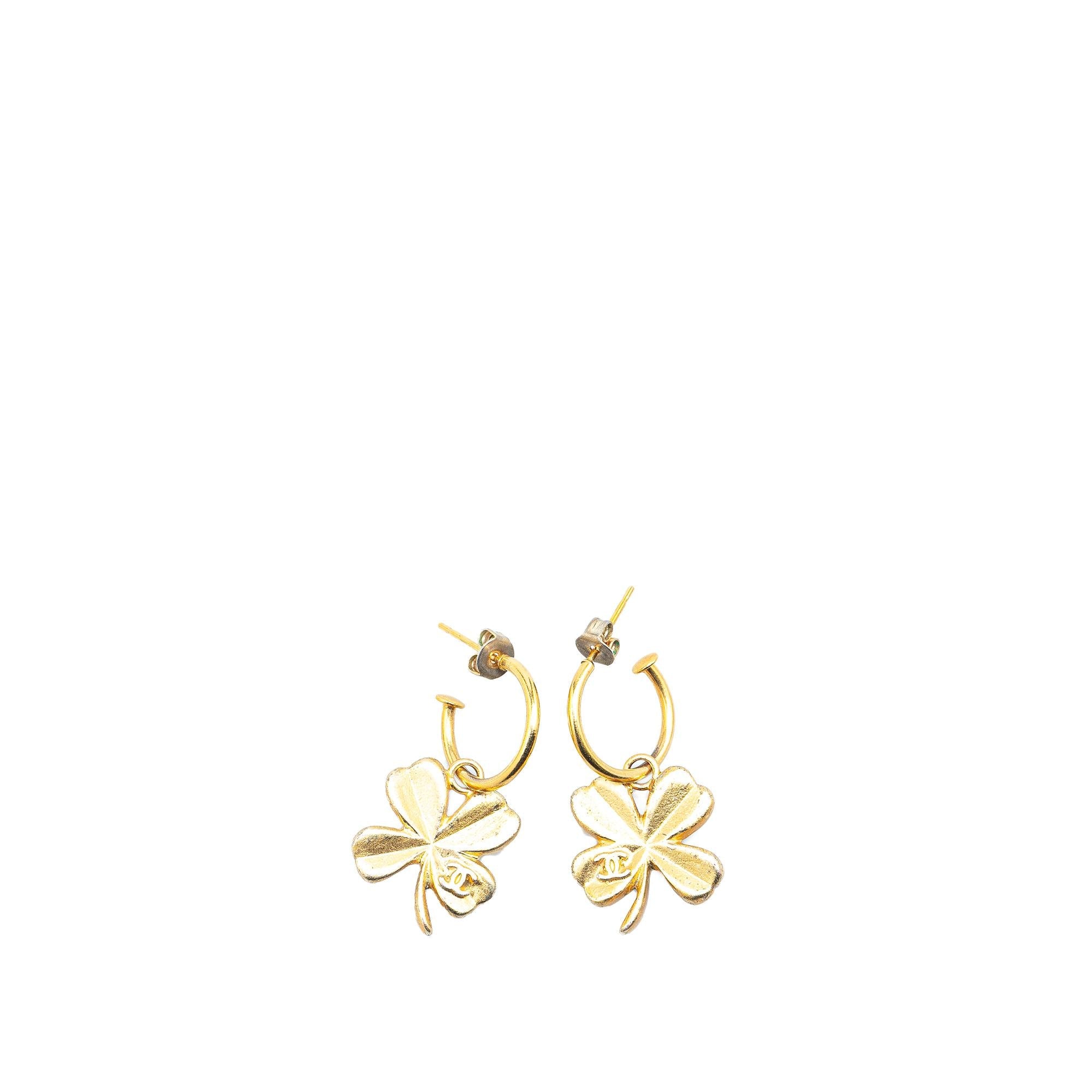 Chanel Gold Plated Clover Hoop Push Back Earrings