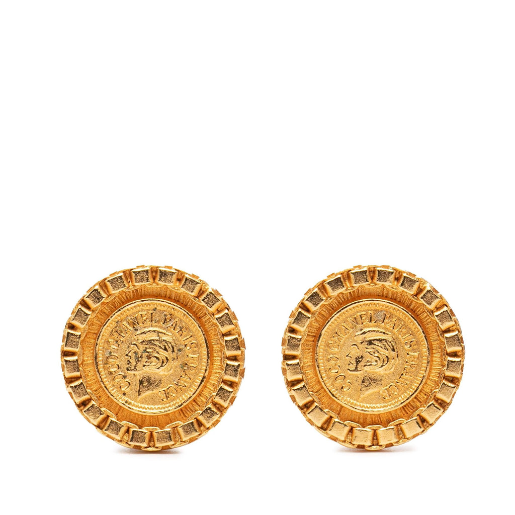 Chanel Gold Plated Coco Coin Motif Clip On Earrings