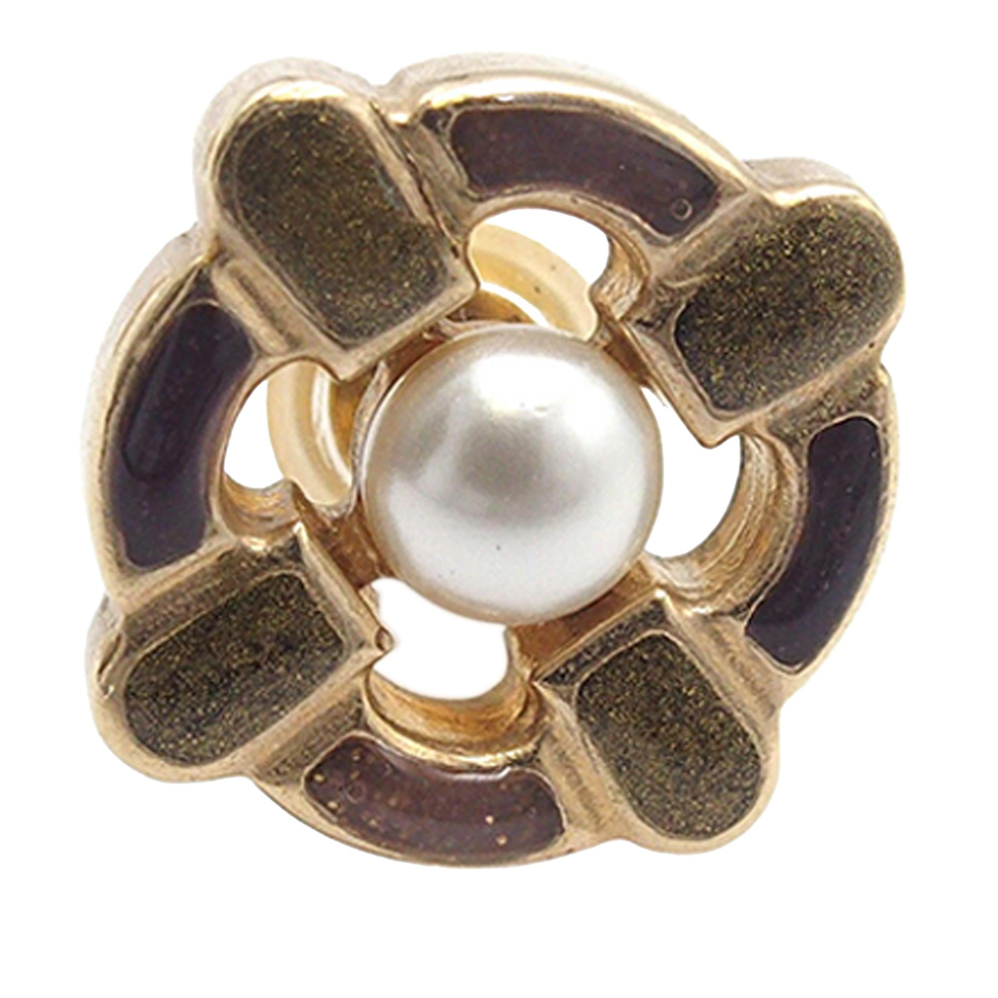 Chanel Gold Plated Enamel Maltese Cross and Faux Pearl Push Back Earrings