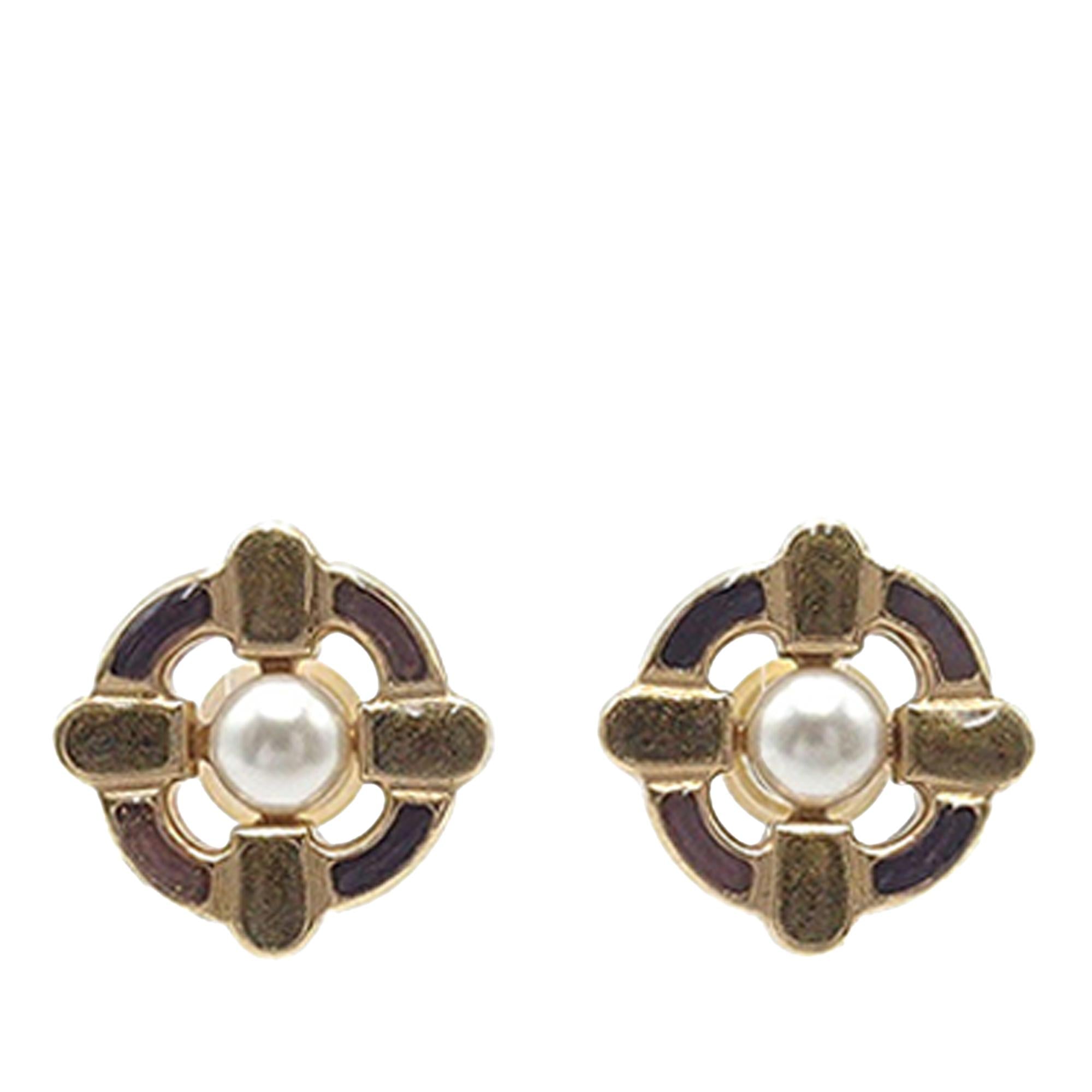 Chanel Gold Plated Enamel Maltese Cross and Faux Pearl Push Back Earrings