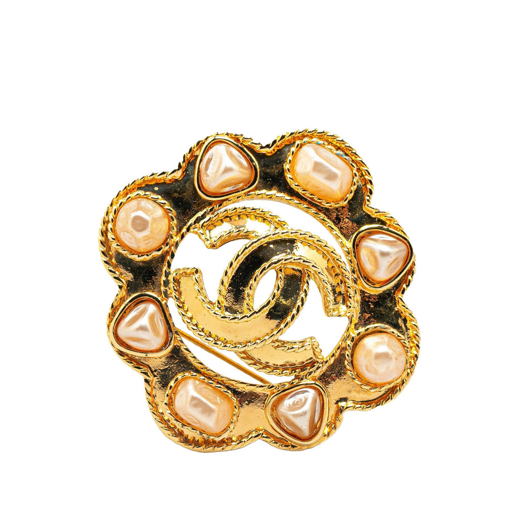 Chanel Gold Plated Faux Pearl CC Brooch