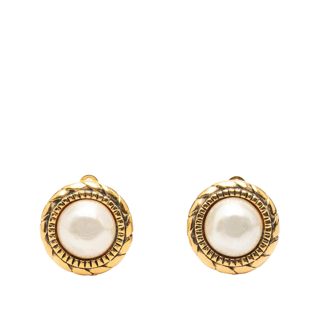 Chanel Gold Plated Faux Pearl Round Clip on Earrings