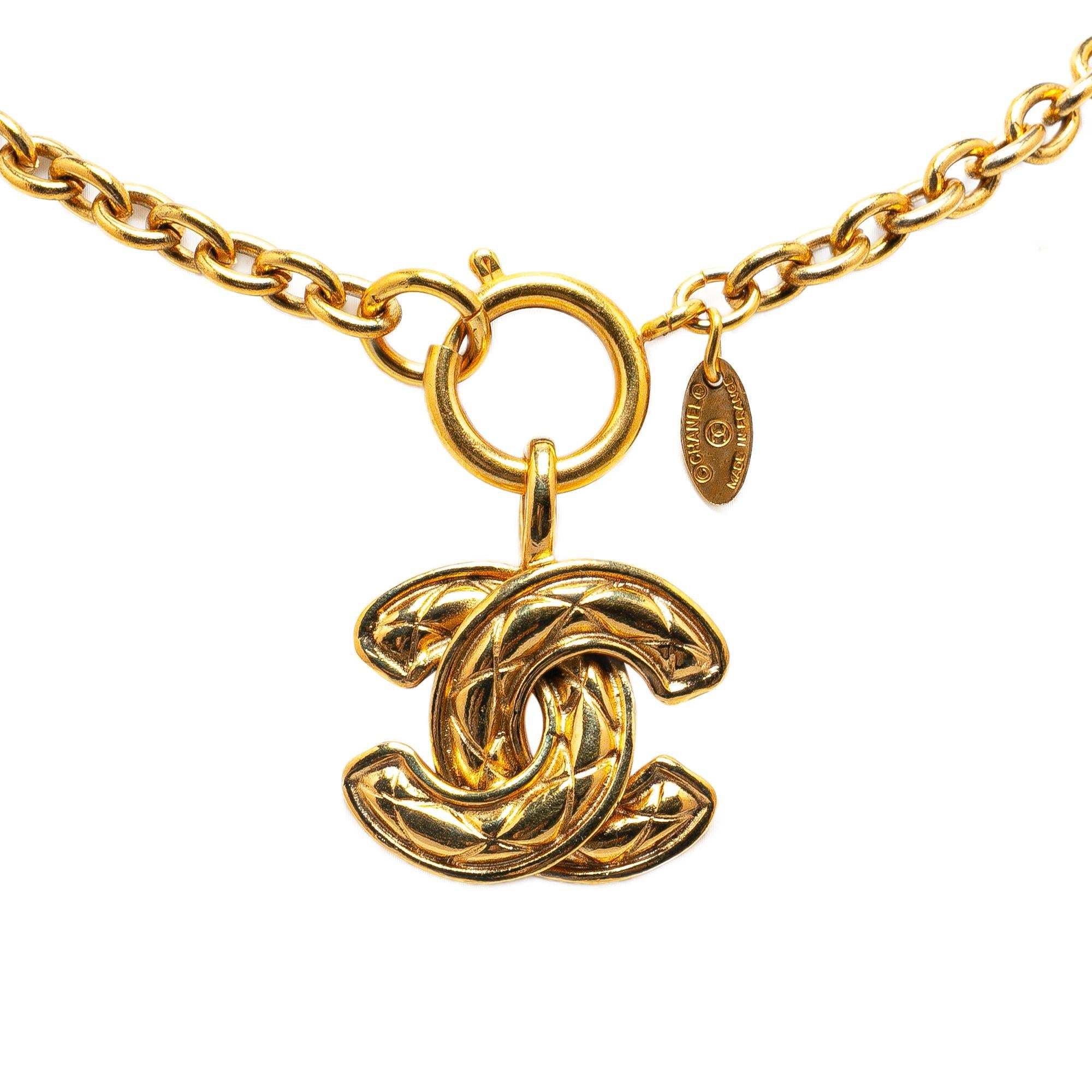 Chanel Gold Plated Quilted CC Pendant Necklace