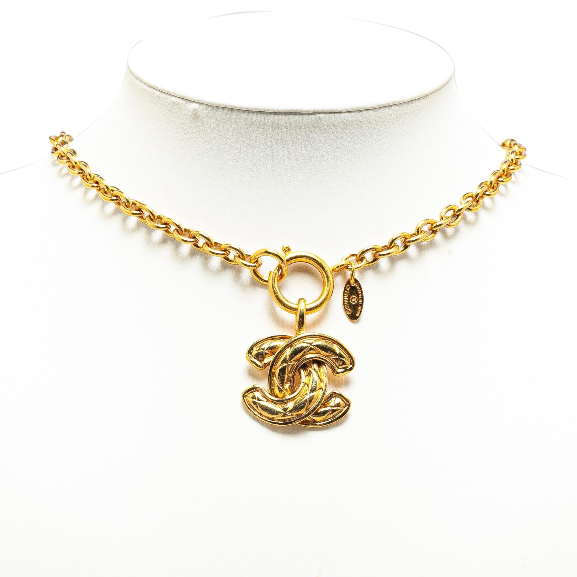 Chanel Gold Plated Quilted CC Pendant Necklace
