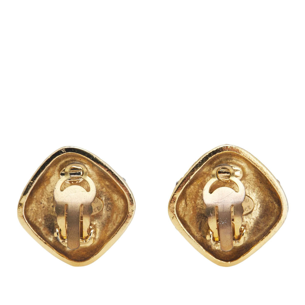 Chanel Gold Plated Quilted Diamond Crystal Clip On Earrings