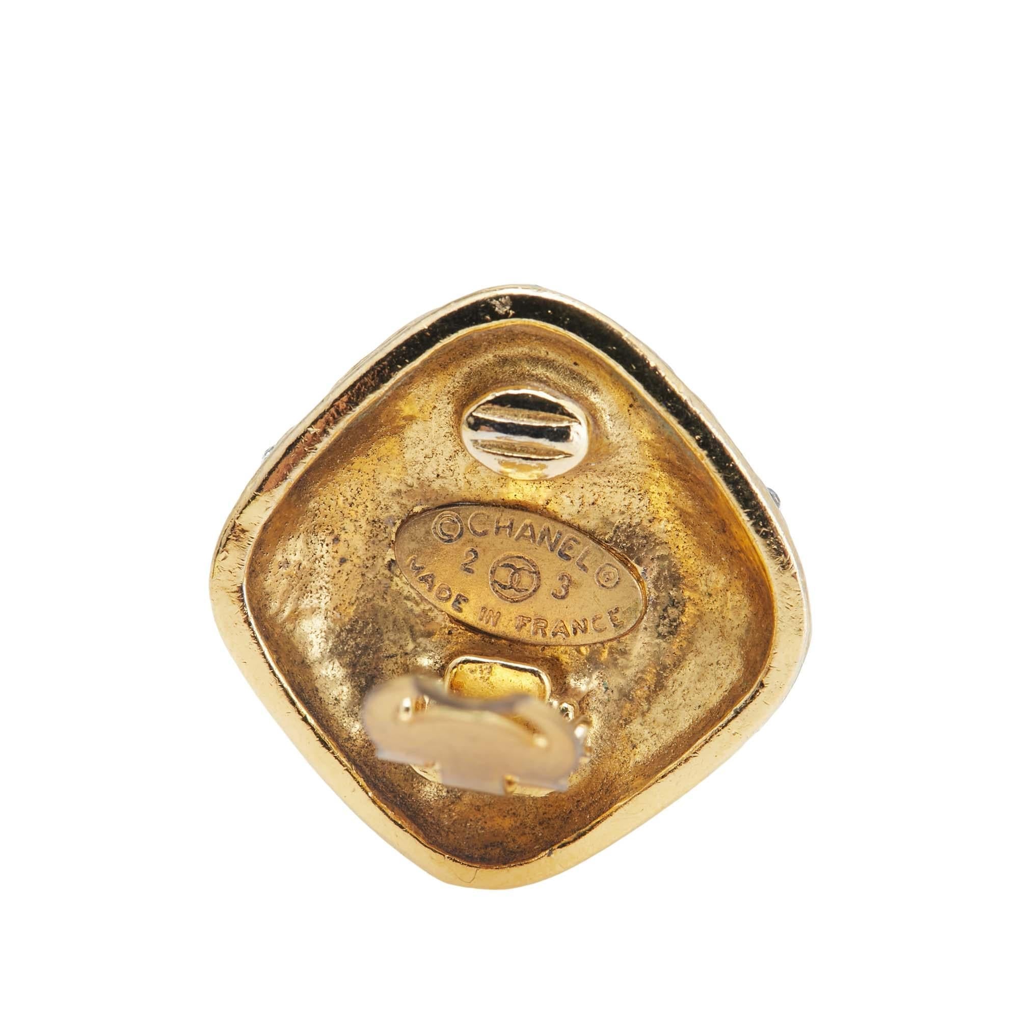 Chanel Gold Plated Quilted Diamond Crystal Clip On Earrings