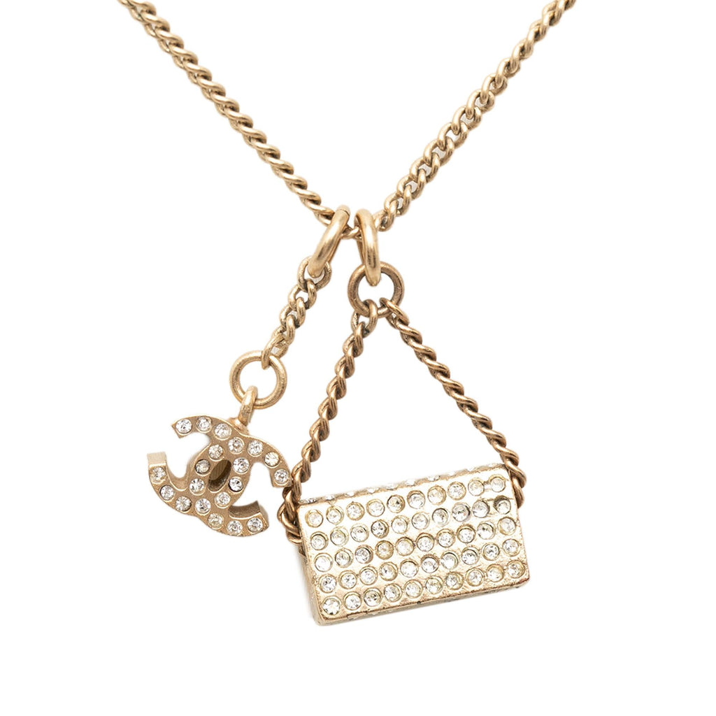 Chanel Gold Plated Rhinestone CC and Flap Bag Pendant Necklace