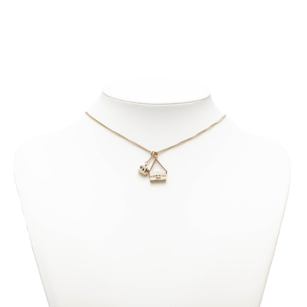 Chanel Gold Plated Rhinestone CC and Flap Bag Pendant Necklace