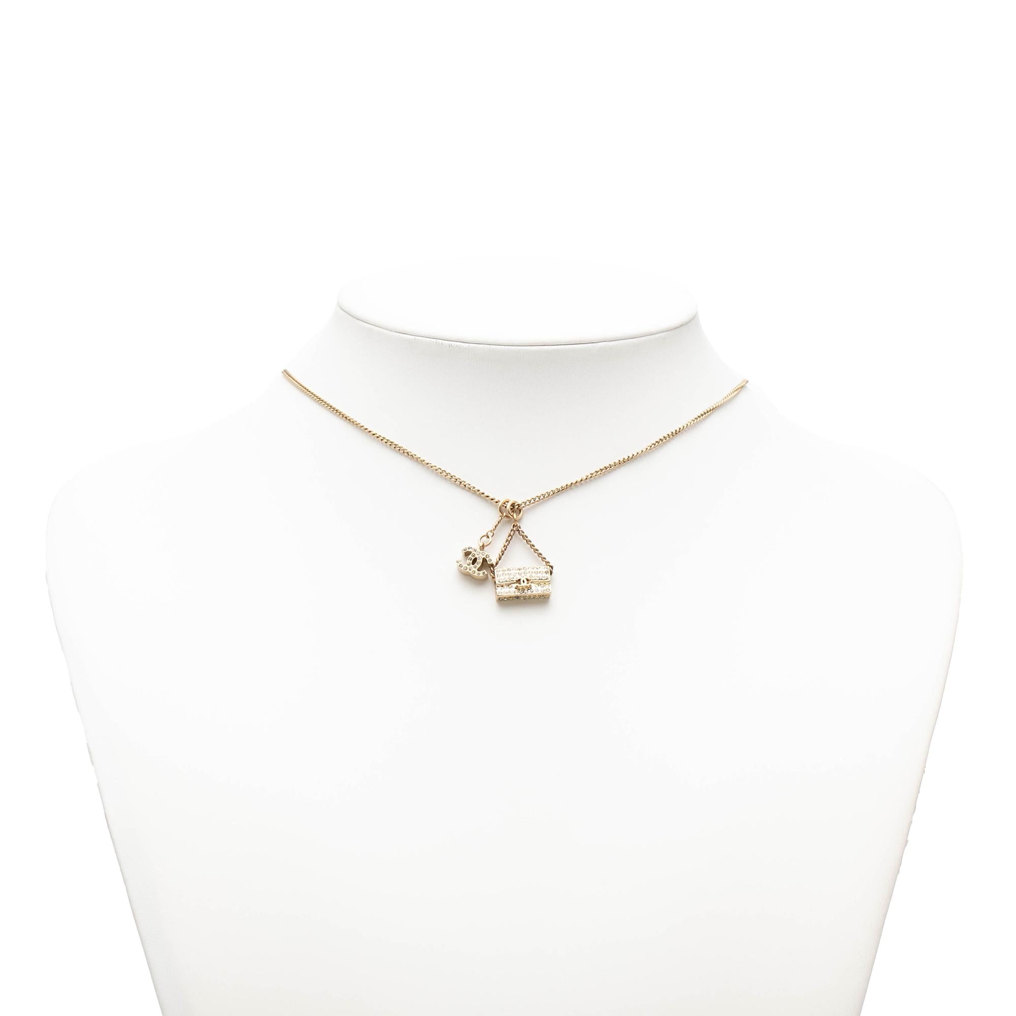Chanel Gold Plated Rhinestone CC and Flap Bag Pendant Necklace