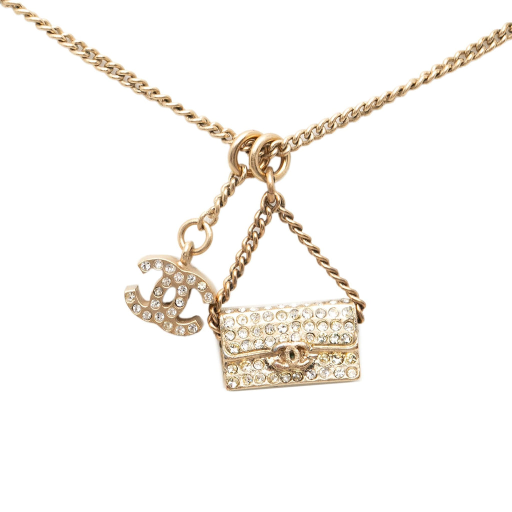 Chanel Gold Plated Rhinestone CC and Flap Bag Pendant Necklace